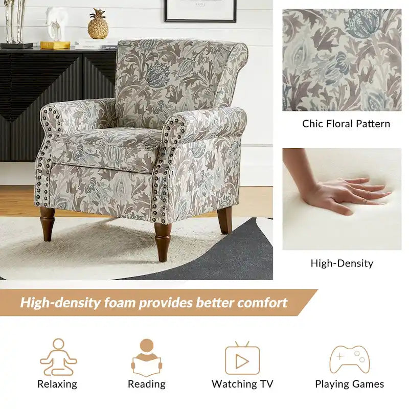 Fauteuil d'appoint à oreilles, accoudoirs roulés et clouté, multicolore, une place