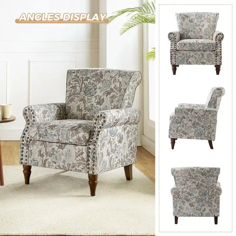 Fauteuil d'appoint à oreilles, accoudoirs roulés et clouté, multicolore, une place