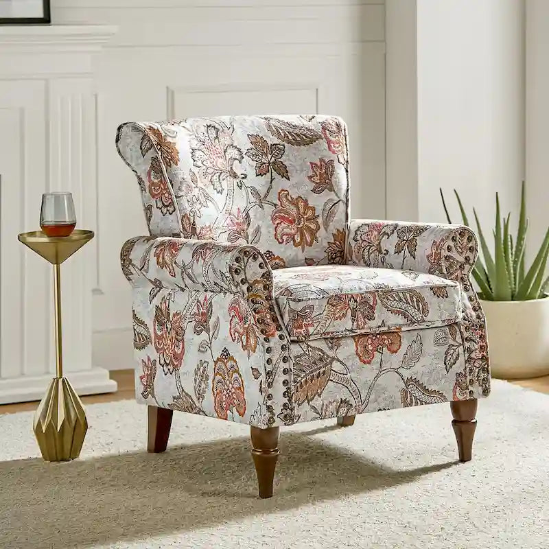 Fauteuil d'appoint à oreilles, accoudoirs roulés et clouté, multicolore, une place