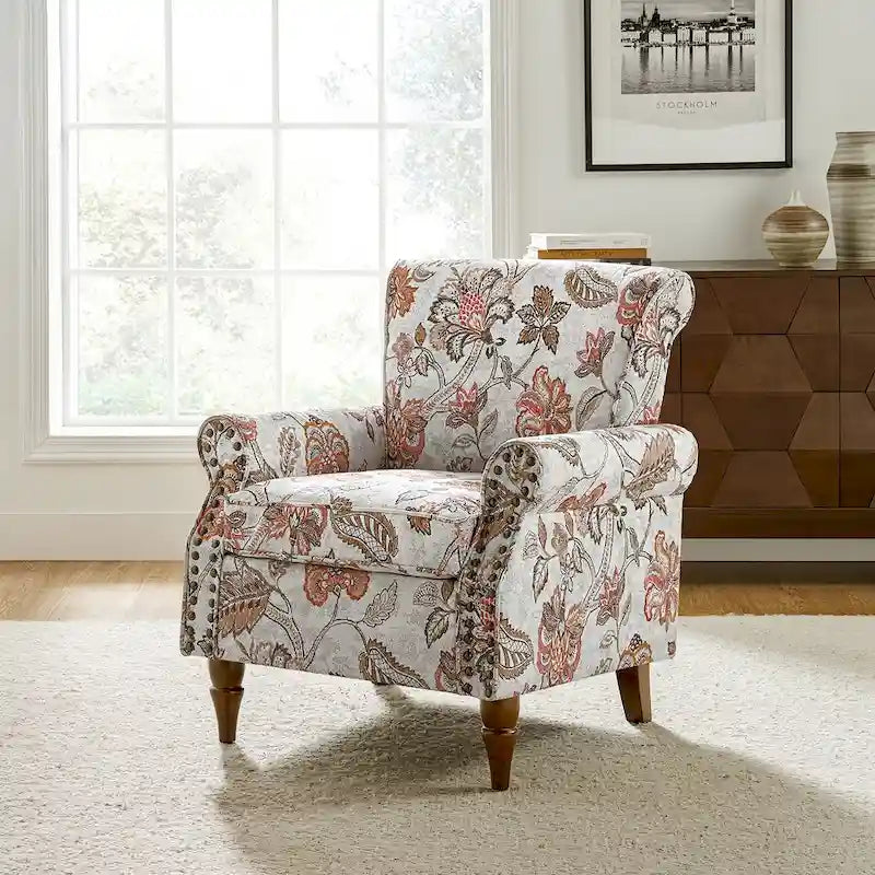 Fauteuil d'appoint à oreilles, accoudoirs roulés et clouté, multicolore, une place