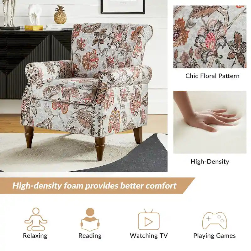 Fauteuil d'appoint à oreilles, accoudoirs roulés et clouté, multicolore, une place
