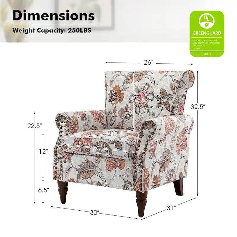 Fauteuil d'appoint à oreilles, accoudoirs roulés et clouté, multicolore, une place