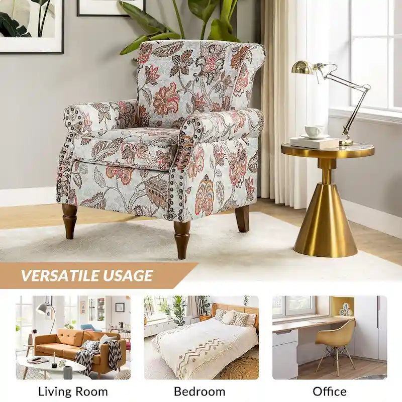 Fauteuil d'appoint à oreilles, accoudoirs roulés et clouté, multicolore, une place