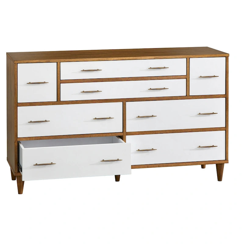 Commode à 8 tiroirs Mid-Century chêne / blanc / blanc et bois clair, 2 personnes