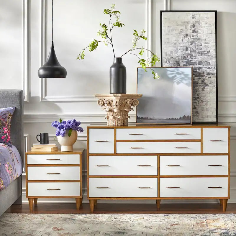 Commode à 8 tiroirs Mid-Century chêne / blanc / blanc et bois clair, 2 personnes
