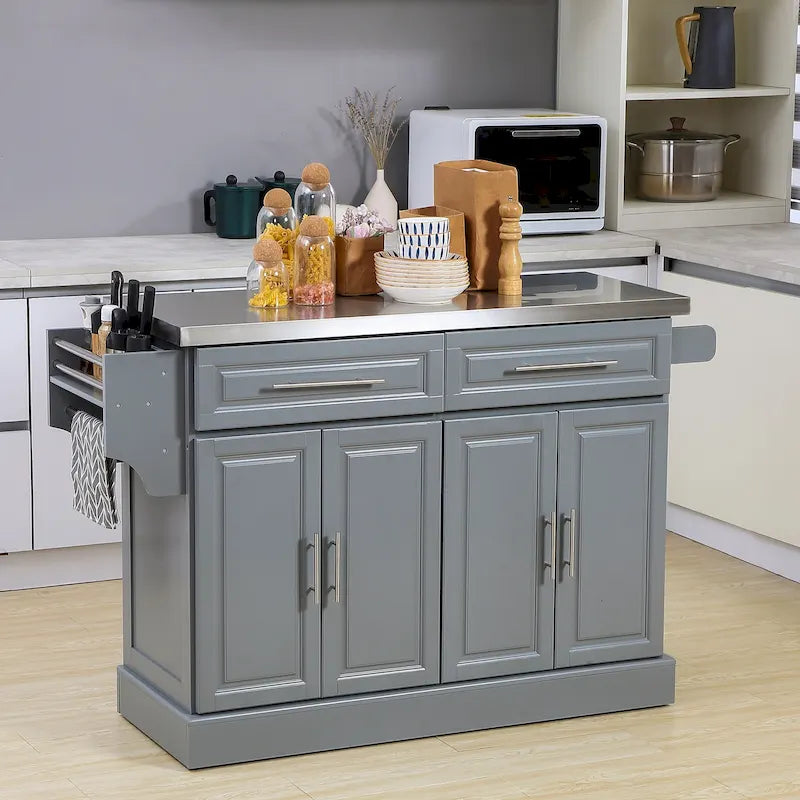 Desserte de cuisine roulante grise avec plateau en bois et tiroirs de rangement