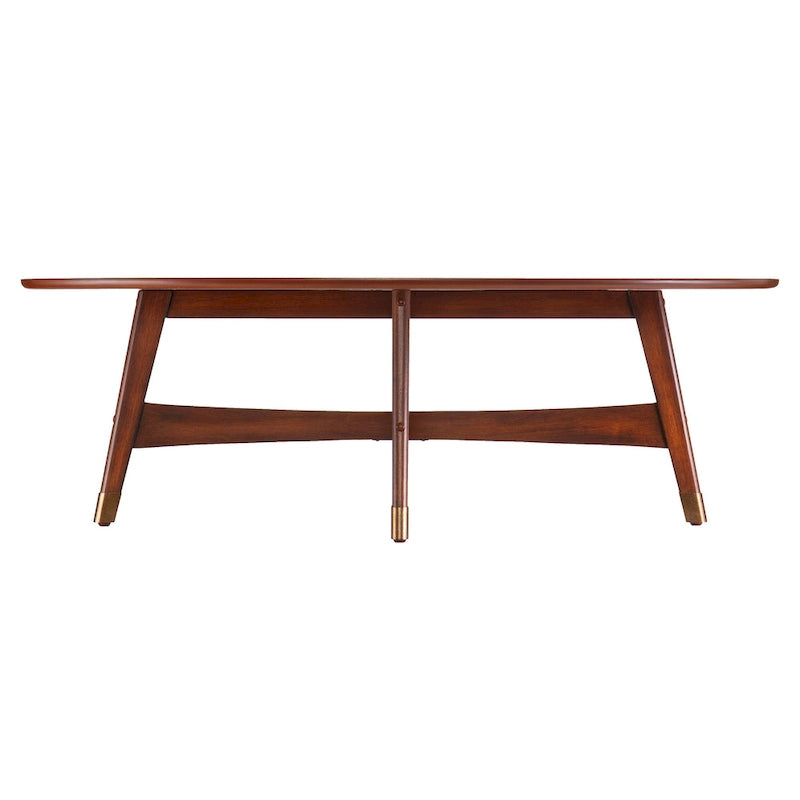 Table basse ovale marron/noire/blanche/grise, piètement en X, pieds recouverts de métal, montage par 1 personne
