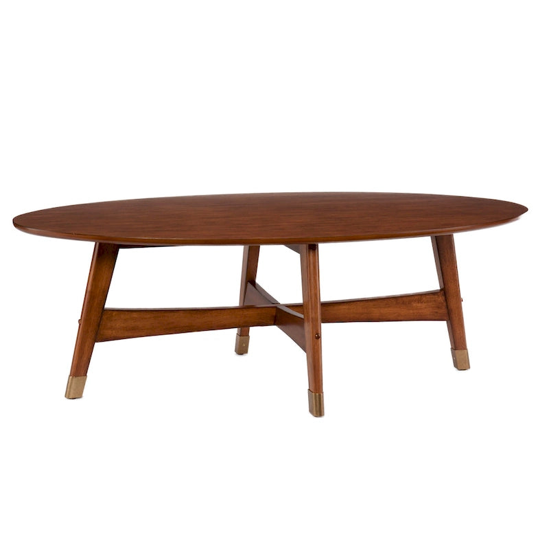 Table basse ovale marron/noire/blanche/grise, piètement en X, pieds recouverts de métal, montage par 1 personne