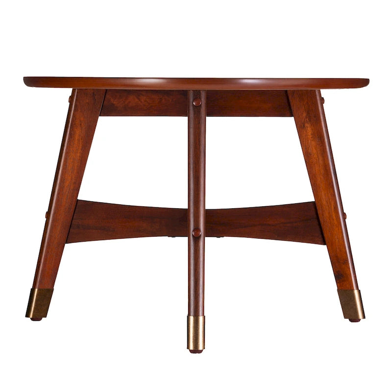 Table basse ovale marron/noire/blanche/grise, piètement en X, pieds recouverts de métal, montage par 1 personne