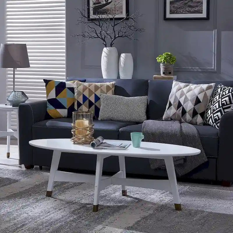 Table basse ovale marron/noire/blanche/grise, piètement en X, pieds recouverts de métal, montage par 1 personne