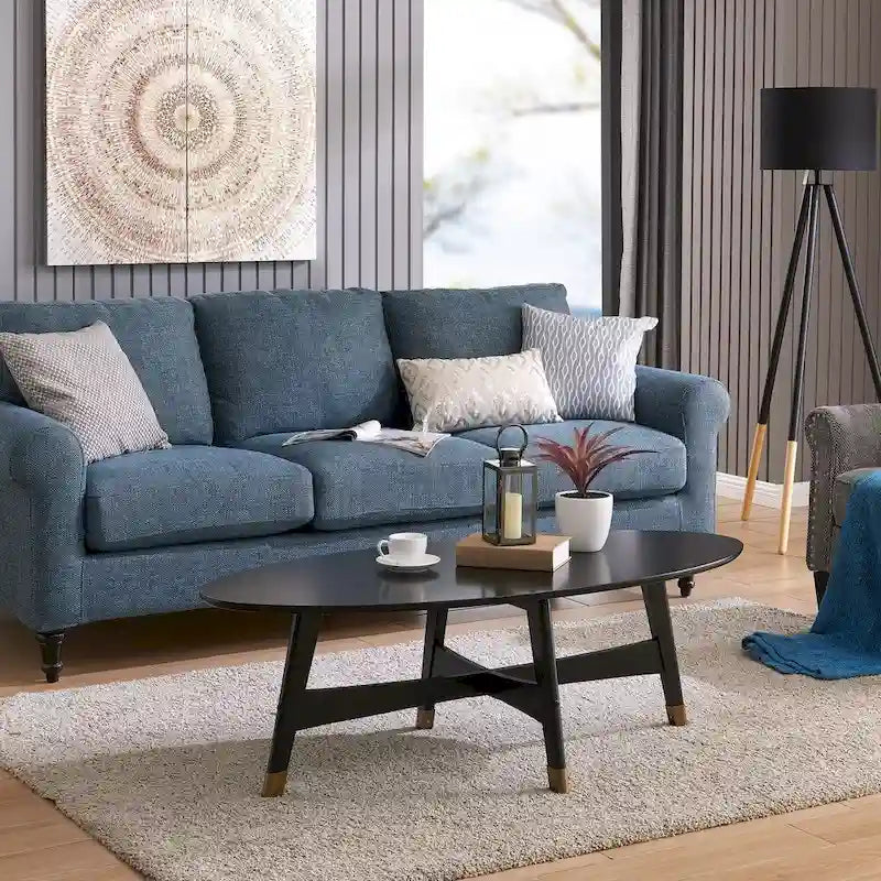 Table basse ovale marron/noire/blanche/grise, piètement en X, pieds recouverts de métal, montage par 1 personne