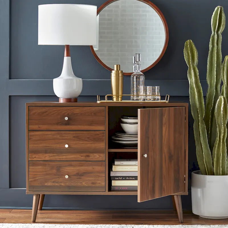 Enfilade Mid-Century avec 3 tiroirs | Noyer / Blanc / Blanc-Noir / Noir
