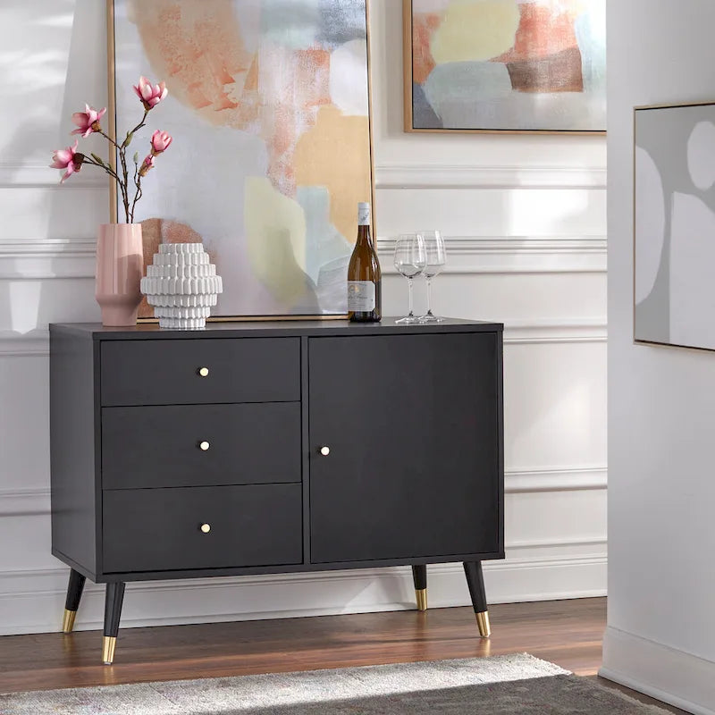 Enfilade Mid-Century avec 3 tiroirs | Noyer / Blanc / Blanc-Noir / Noir