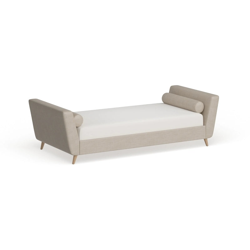 Lit de repos en lin beige/noir/gris avec traversins, style milieu de siècle, simple