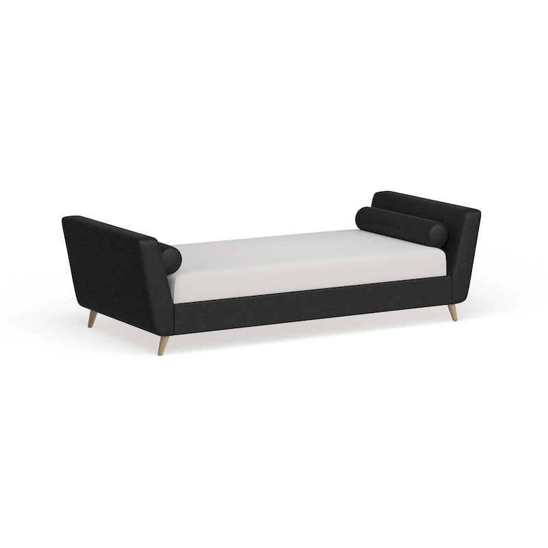 Lit de repos en lin beige/noir/gris avec traversins, style milieu de siècle, simple