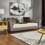 Lit de repos en lin beige/noir/gris avec traversins, style milieu de siècle, simple