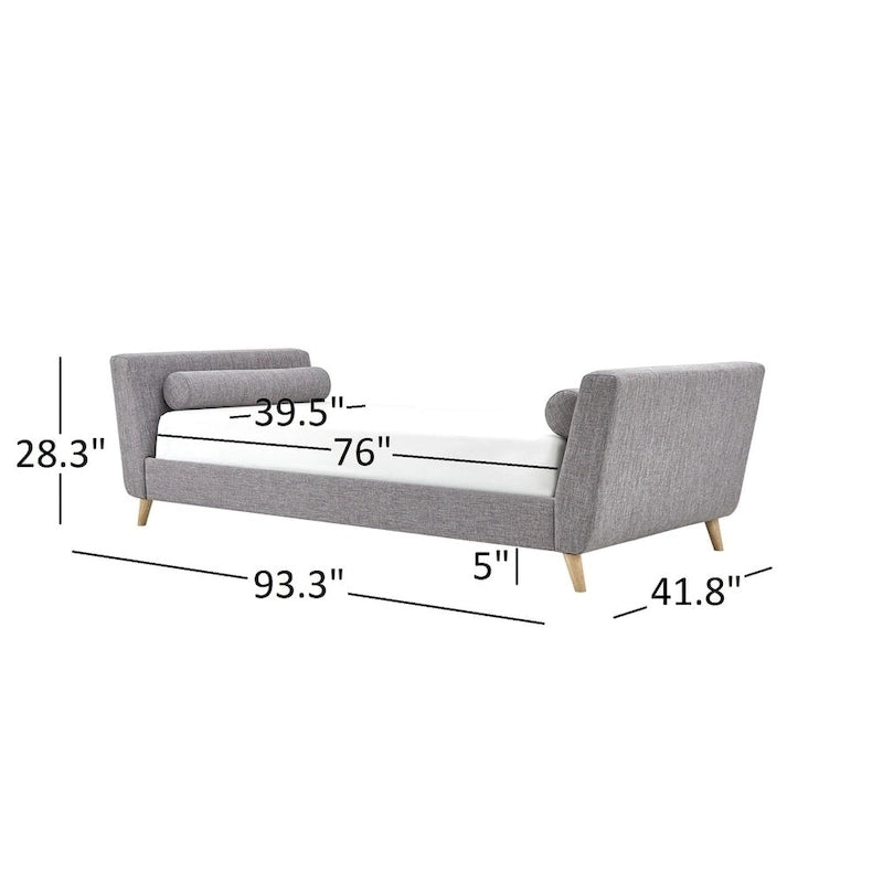 Lit de repos en lin beige/noir/gris avec traversins, style milieu de siècle, simple