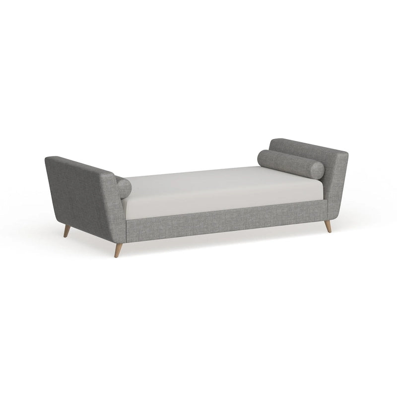 Lit de repos en lin beige/noir/gris avec traversins, style milieu de siècle, simple