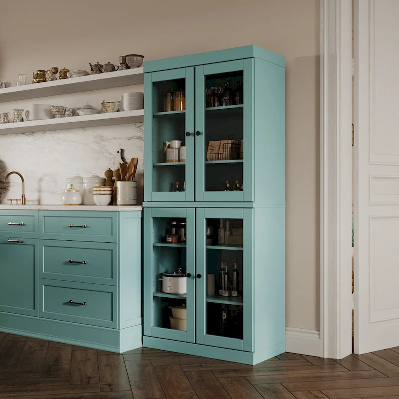 Armoire de cuisine indépendante en pin naturel, porte givrée/transparente/pleine, 81 cm (L) x 181,5 cm (H)