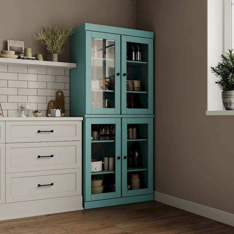 Armoire de cuisine indépendante en pin naturel, porte givrée/transparente/pleine, 81 cm (L) x 181,5 cm (H)