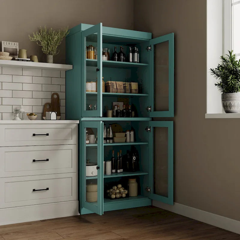 Armoire de cuisine indépendante en pin naturel, porte givrée/transparente/pleine, 81 cm (L) x 181,5 cm (H)