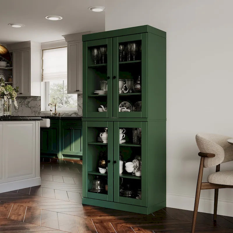 Armoire de cuisine indépendante en pin naturel, porte givrée/transparente/pleine, 81 cm (L) x 181,5 cm (H)