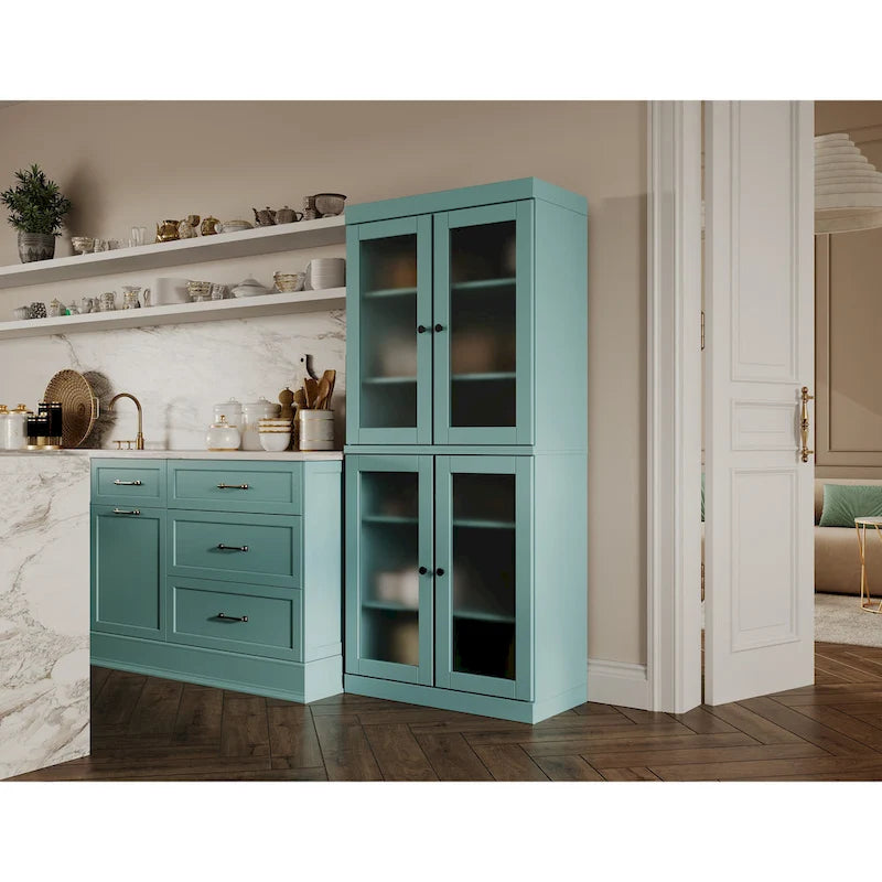 Armoire de cuisine indépendante en pin naturel, porte givrée/transparente/pleine, 81 cm (L) x 181,5 cm (H)