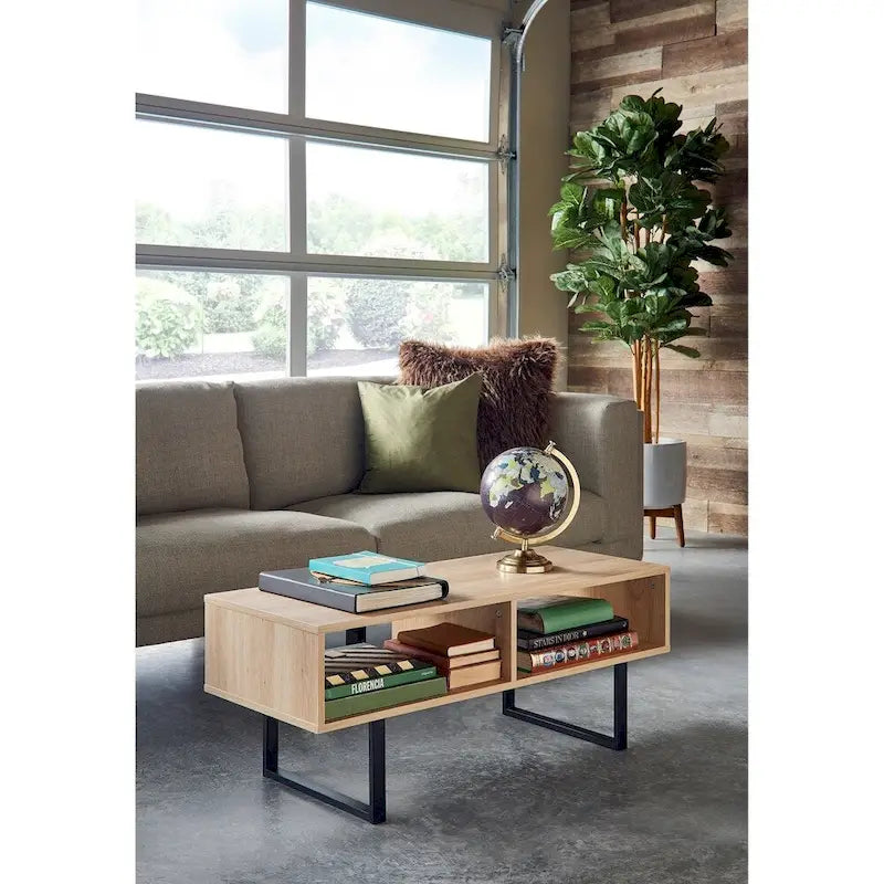 Table basse industrielle gris / naturel avec 2 étagères ouvertes