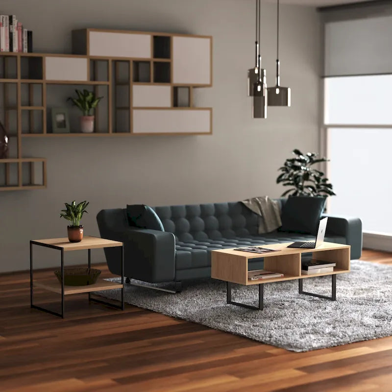Table basse industrielle gris / naturel avec 2 étagères ouvertes