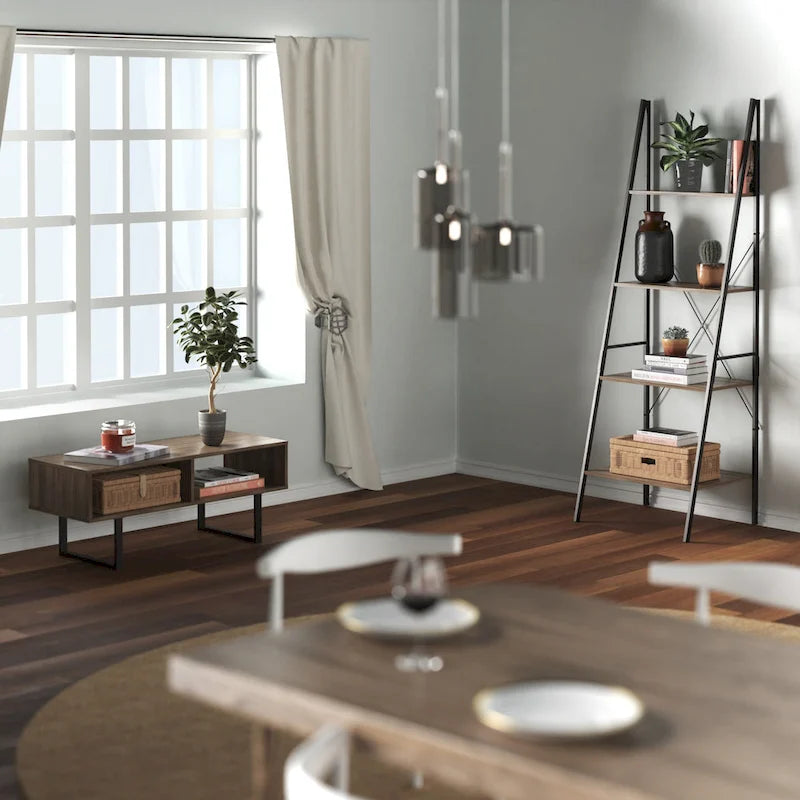 Table basse industrielle gris / naturel avec 2 étagères ouvertes