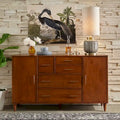 Buffet en Chêne et Blanc Style Mid-Century, 5 Tiroirs et 2 Étagères, 2 Personnes