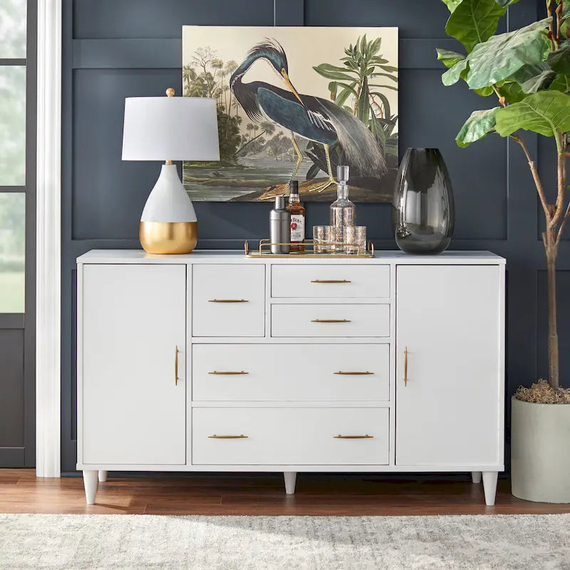 Buffet en Chêne et Blanc Style Mid-Century, 5 Tiroirs et 2 Étagères, 2 Personnes
