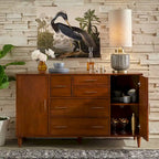 Buffet en Chêne et Blanc Style Mid-Century, 5 Tiroirs et 2 Étagères, 2 Personnes