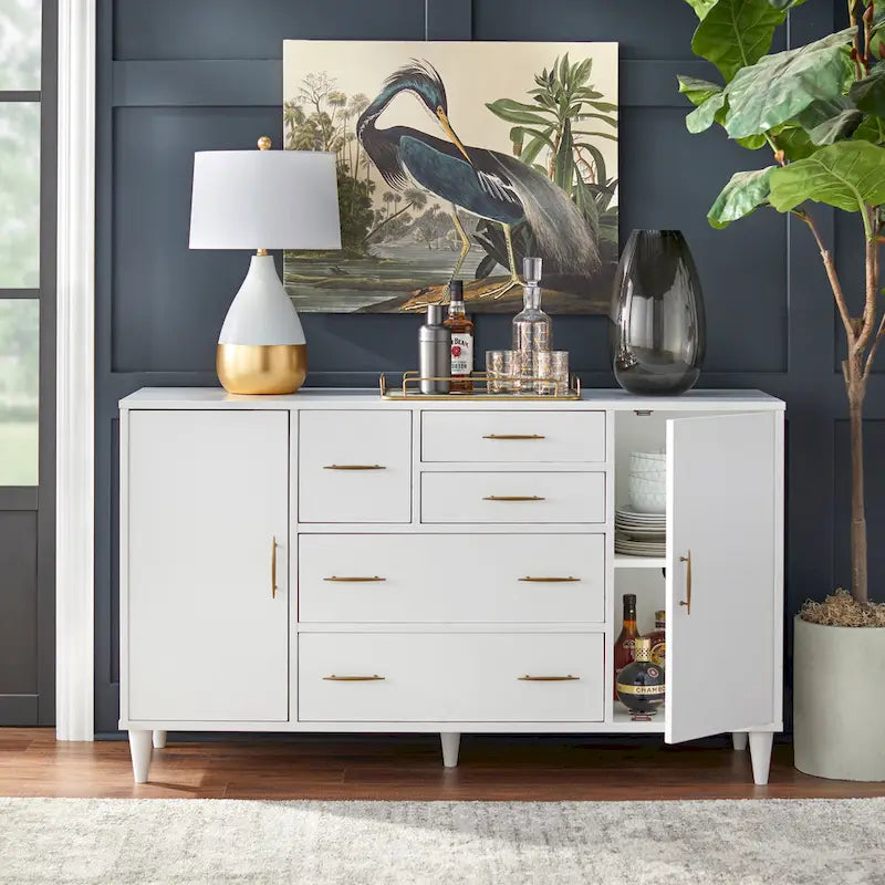 Buffet en Chêne et Blanc Style Mid-Century, 5 Tiroirs et 2 Étagères, 2 Personnes