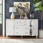 Buffet en Chêne et Blanc Style Mid-Century, 5 Tiroirs et 2 Étagères, 2 Personnes