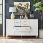 Buffet en Chêne et Blanc Style Mid-Century, 5 Tiroirs et 2 Étagères, 2 Personnes