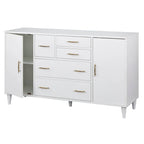 Buffet en Chêne et Blanc Style Mid-Century, 5 Tiroirs et 2 Étagères, 2 Personnes
