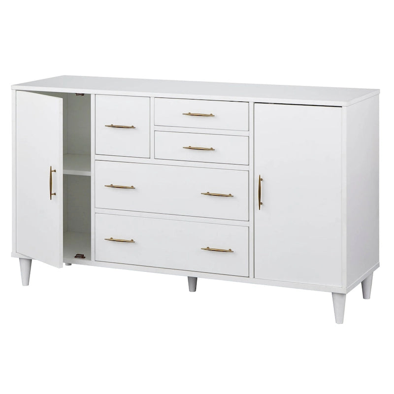 Buffet en Chêne et Blanc Style Mid-Century, 5 Tiroirs et 2 Étagères, 2 Personnes