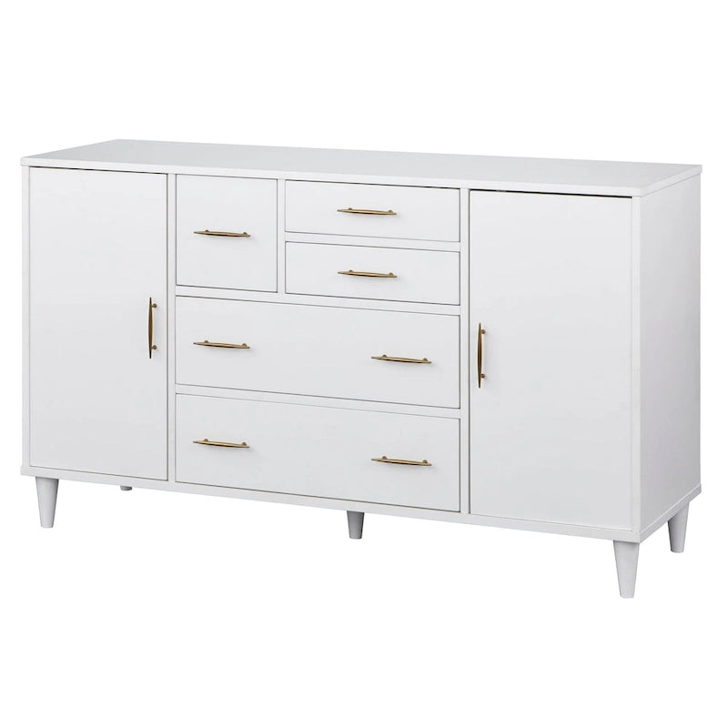 Buffet en Chêne et Blanc Style Mid-Century, 5 Tiroirs et 2 Étagères, 2 Personnes