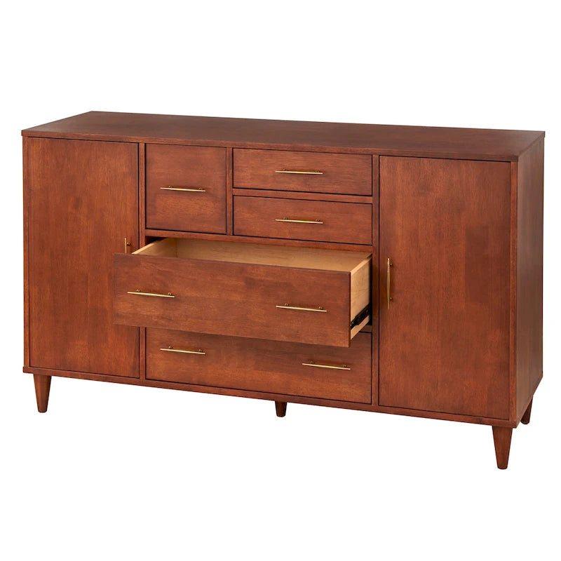 Buffet en Chêne et Blanc Style Mid-Century, 5 Tiroirs et 2 Étagères, 2 Personnes