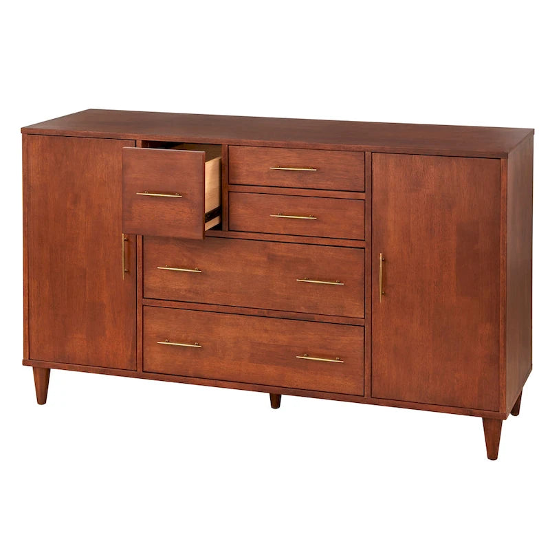 Buffet en Chêne et Blanc Style Mid-Century, 5 Tiroirs et 2 Étagères, 2 Personnes
