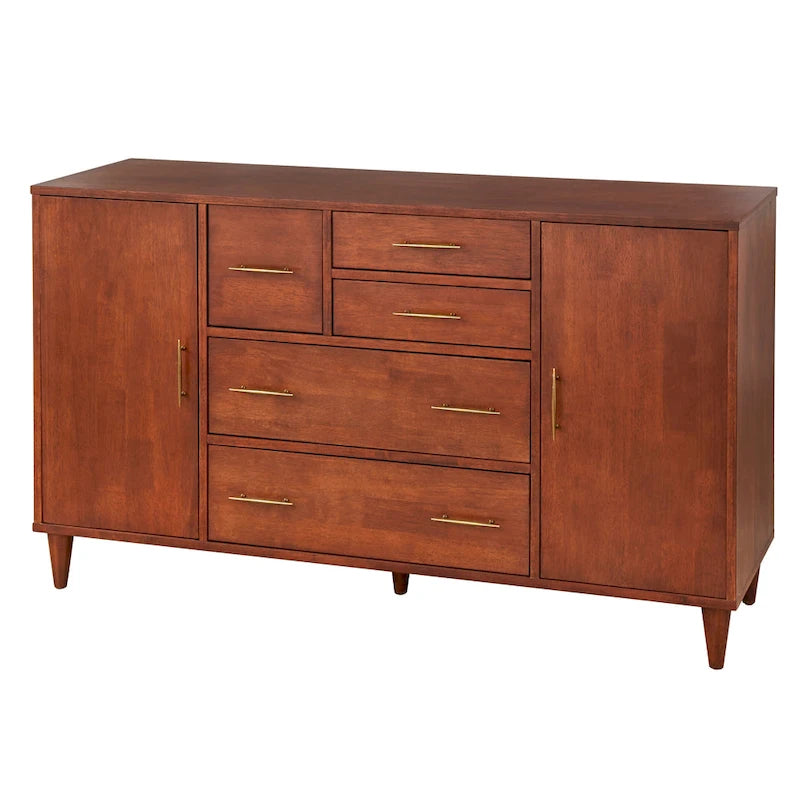 Buffet en Chêne et Blanc Style Mid-Century, 5 Tiroirs et 2 Étagères, 2 Personnes