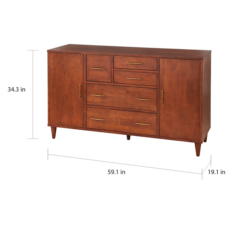 Buffet en Chêne et Blanc Style Mid-Century, 5 Tiroirs et 2 Étagères, 2 Personnes