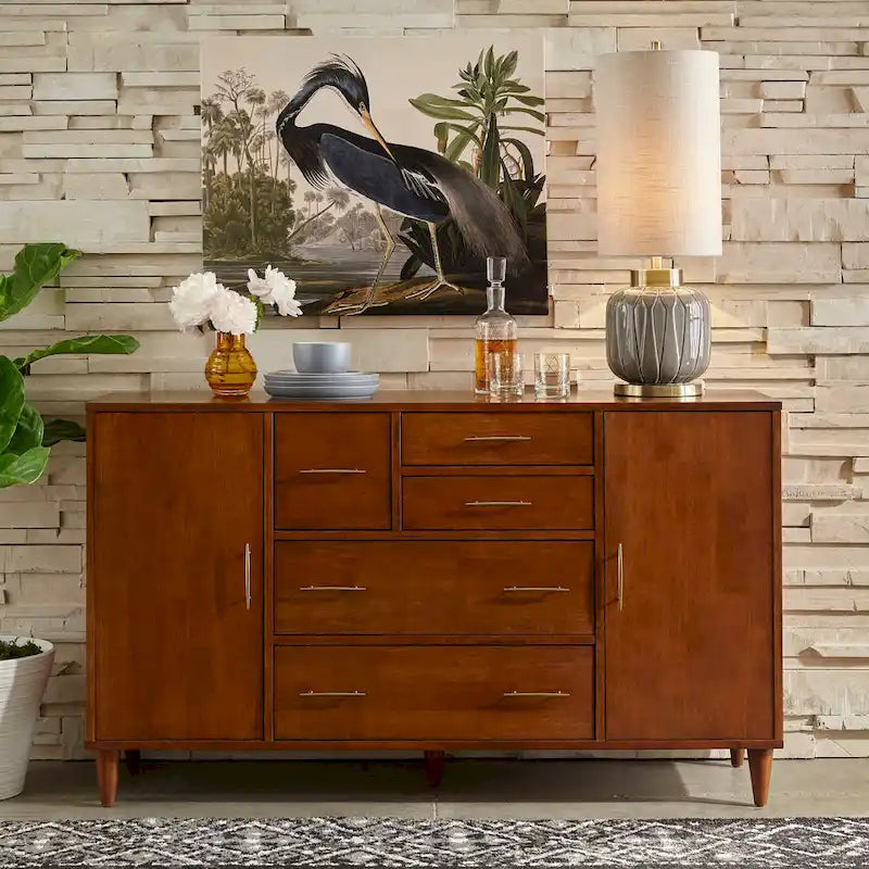 Buffet en Chêne et Blanc Style Mid-Century, 5 Tiroirs et 2 Étagères, 2 Personnes