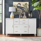 Buffet en Chêne et Blanc Style Mid-Century, 5 Tiroirs et 2 Étagères, 2 Personnes
