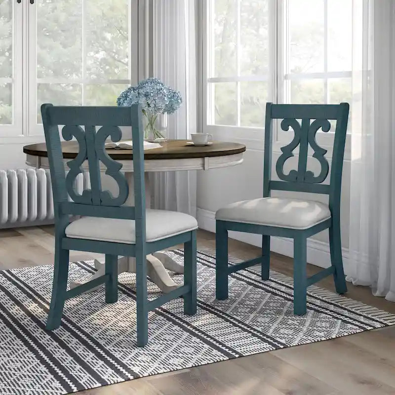 Chaises de salle à manger en bois de style fermette, blanc/bleu/bleu clair, lot de 2
