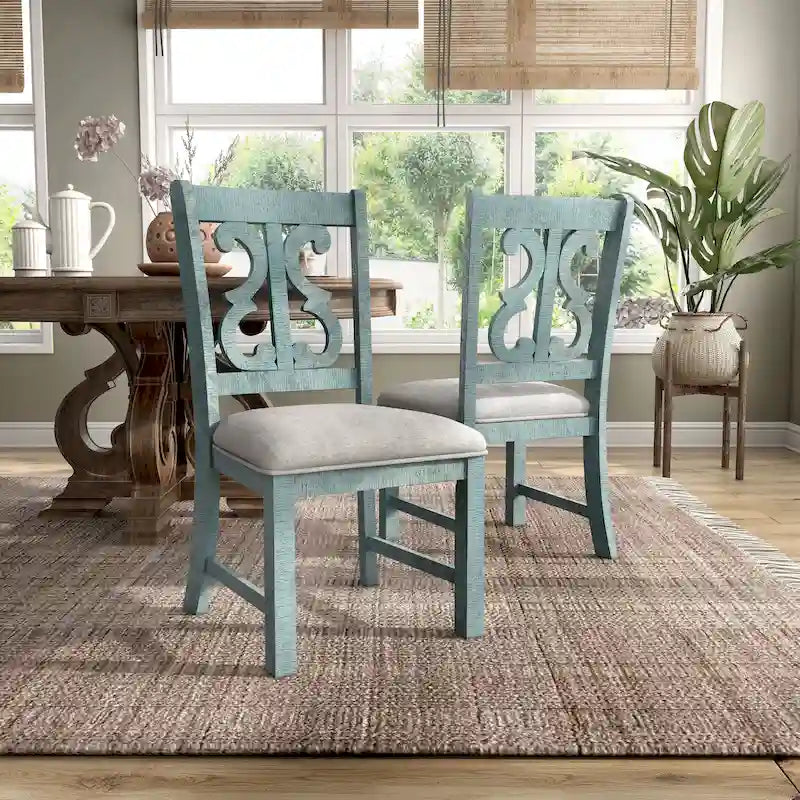 Chaises de salle à manger en bois de style fermette, blanc/bleu/bleu clair, lot de 2