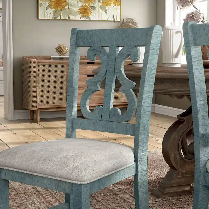 Chaises de salle à manger en bois de style fermette, blanc/bleu/bleu clair, lot de 2