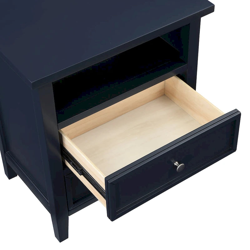 Table de chevet 2 tiroirs avec étagère ouverte | Blanc / Vert vintage / Bleu nuit