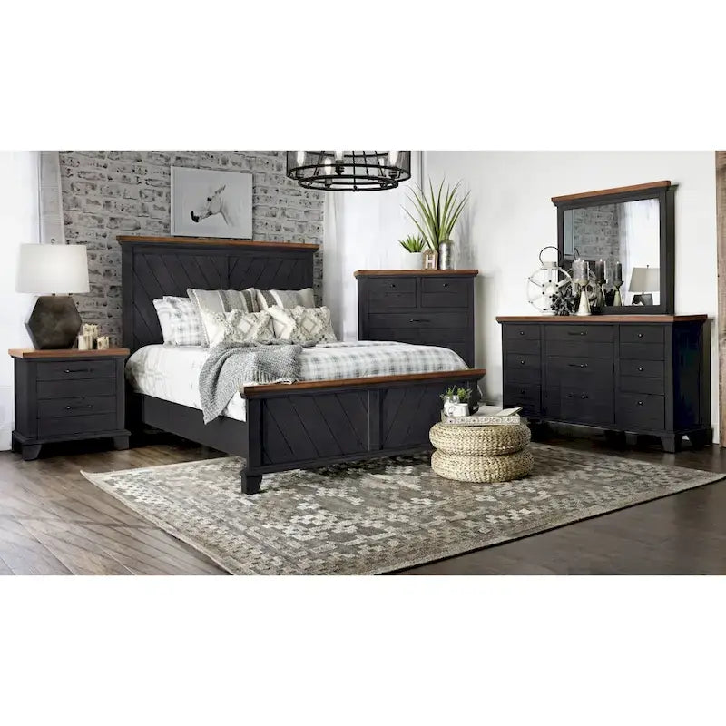 Ensemble de chambre 4 pièces Rustique Ivoire et Miel – Grand lit/Très grand lit, Bois vieilli bicolore